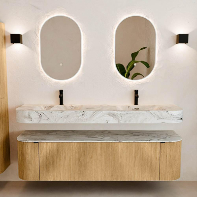 MONDIAZ THOR-DLUX 170cm meuble de salle de bains arrondi gauche + droite couleur Chêne avec 1 tiroir et 2 portes. Vasque suspendue CLOUD Double 2 trous de robinet couleur Glace.