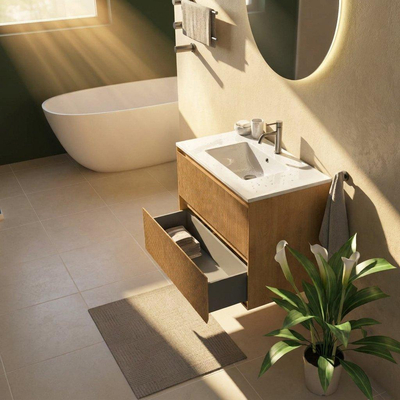 Saniclass Holz Atelier Ensemble de meubles de salle de bains - 80x45x62cm - lavabo Vygo en céramique blanc - 1 vasque - 1 trou de robinetterie - 2 tiroirs - chêne naturel mat (bois)