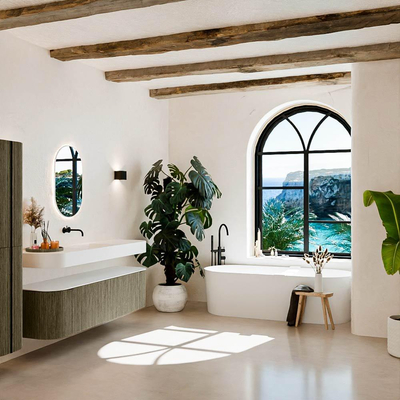 MONDIAZ THOR Meuble de salle de bains 170cm arrondi gauche + droite couleur Shadow avec 1 tiroir et 2 portes. Vasque suspendue CLOUD Milieu sans trou de robinet couleur Talc.