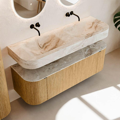 MONDIAZ THOR-DLUX Meuble de salle de bains - 140cm - arrondi gauche + droite - couleur Oak - 1 tiroir et 2 portes - Vasque suspendue CLOUD Double sans trou de robinet - couleur Frappe