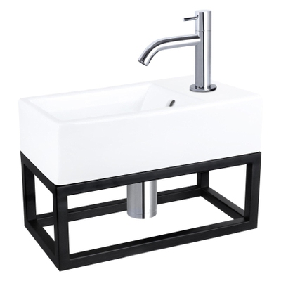 Differnz Force pack lave-mains – 40 x 22 x 11,5 cm – céramique blanche – robinet courbé chromé – avec cadre noir