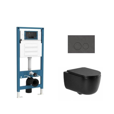 QeramiQ Dely Swirl Ensemble de toilettes - réservoir encastré QeramiQ Flush - abattant slim - plaque de commande en pierre naturelle marbre foncé - boutons ronds - noir mat