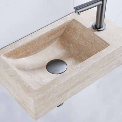 FugaFlow Efficiente Pietra Ensemble de lave-mains - 40x22x10cm - trou de robinet à droite - robinet de lave-mains gunmetal brossé PVD - bonde - siphon abaissé - pierre naturelle mouchetée