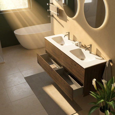 Saniclass Holz Pure Ensemble de meubles de salle de bains - 160x45x61.5cm - Flow lavabo en solid surface blanc - 2 vasques - 2 trous de robinetterie - 4 tiroirs - chêne charcoal mat (bois)
