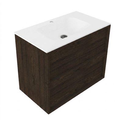 Saniclass Holz Frame Ensemble de meubles de salle de bains - 80x45x61.5cm - Flow lavabo en Solid Surface blanc - 1 vasque - 1 trou de robinetterie - 2 tiroirs - chêne charcoal mat (bois)