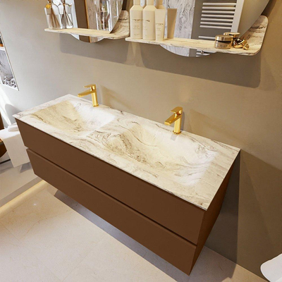 Mondiaz VICA-DLUX ensemble de meuble de salle de bain - 130cm - meuble sous-vasque reposant - 2 tiroirs - lavabo encastré cloud double - 2 trous de robinet - version haute de 60cm - glace