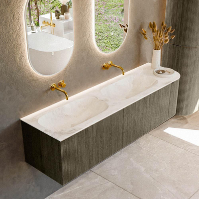 Mondiaz KURVE-DLUX Ensemble de meubles de salle de bains - 165x46x40cm - 2 tiroirs - 1 porte - lavabo solid surface - double / gauche - sans trou de robinet - Shadow