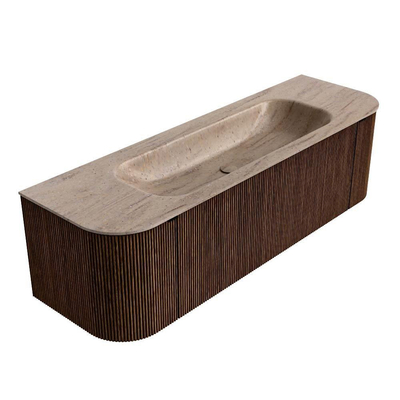 MONDIAZ KURVE-DLUX Meuble de salle de bains 150cm arrondi à gauche + à droite couleur Walnut avec 1 tiroir et 2 portes. Lavabo BIG MEDIUM Central 1 trou de robinet Saba.