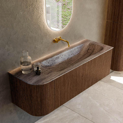 MONDIAZ KURVE-DLUX 135cm badmeubel ronding Links kleur Walnut met 1 lade en 1 deur. Wastafel BIG MEDIUM Rechts zonder kraangat Oza.