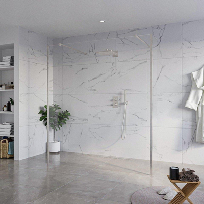 FugaFlow Eccelente Vetro Douche à l'italienne libre - 180x200cm - Clair - anti-calcaire - verre de sécurité 8mm - 2 parois latérales 40cm - avec bras muraux et profils d'angle - inox brossé -