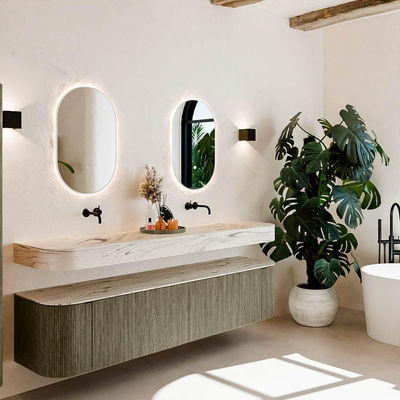 MONDIAZ THOR-DLUX 200cm meuble de salle de bains arrondi gauche + droite couleur Shadow avec 2 tiroirs et 2 portes. Vasque suspendue CLOUD Double sans trou de robinet couleur Nata.