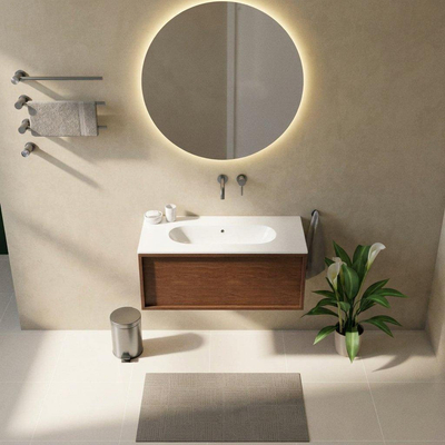 Saniclass Holz Frame Ensemble de meubles de salle de bains - 100x45x53.9cm - Lavabo en céramique Chaci blanc - 1 vasque - sans trou de robinet - 1 tiroir - mat walnut pure (bois)