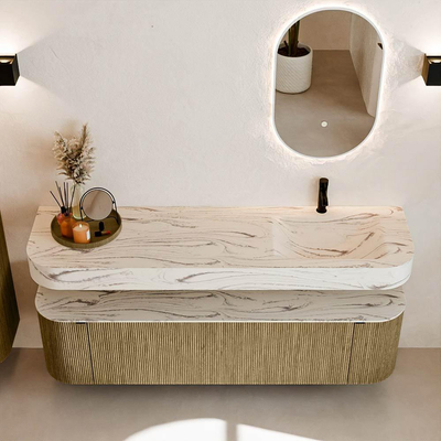 MONDIAZ THOR-DLUX Meuble de salle de bains 170cm arrondi gauche + droite couleur Dusk avec 1 tiroir et 2 portes. Vasque suspendue CLOUD Droite 1 trou de robinet couleur Nata.