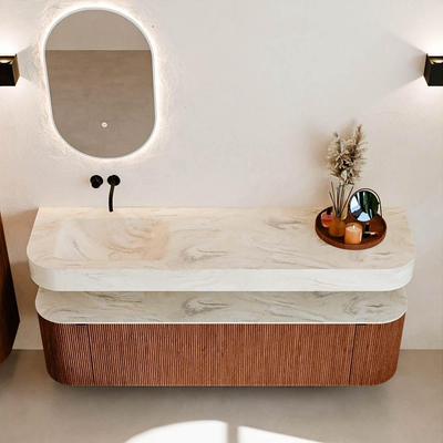 MONDIAZ THOR-DLUX 170cm meuble de salle de bains arrondi gauche + droite couleur Ruby avec 1 tiroir et 2 portes. Vasque suspendue CLOUD Gauche sans trou de robinet couleur Ostra.