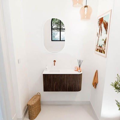 Mondiaz JOYA 81.6cm toiletmeubel - ronding rechts kleur Walnut - Wastafel FAYE positie Links Zonder kraangat kleur Talc.
