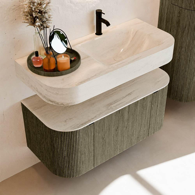 MONDIAZ THOR-DLUX Meuble de salle de bains 100cm arrondi gauche + droite couleur Shadow avec 1 tiroir et 2 portes. Vasque suspendue CLOUD Droite 1 trou de robinet couleur Meli.