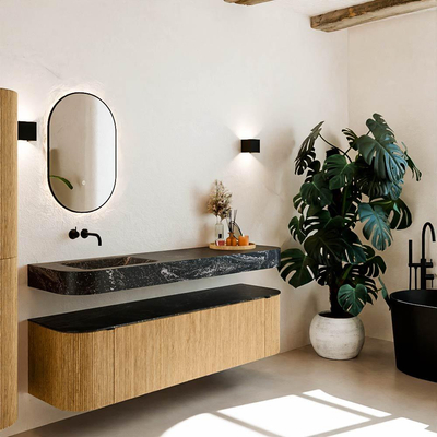 MONDIAZ THOR-DLUX Meuble de salle de bains - 170cm - arrondi gauche + droite - couleur Oak - 1 tiroir et 2 portes - Vasque suspendue CLOUD Gauche sans trou de robinet - couleur Lava