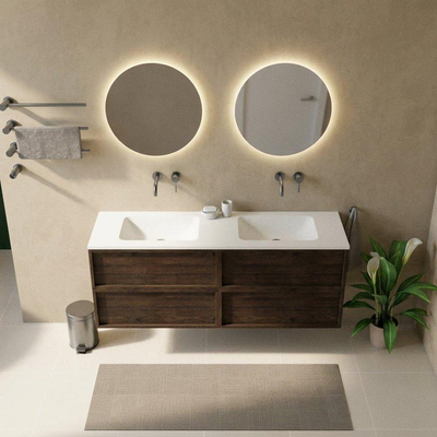 Saniclass Holz Frame Ensemble meuble de salle de bains - 160x45x77.5cm - lavabo Torino en solid surface blanc - sans trou de robinet - 4 tiroirs - chêne charcoal mat (bois)