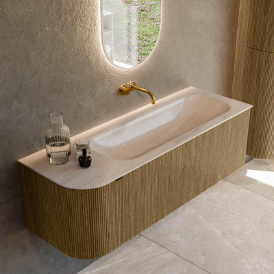 MONDIAZ KURVE-DLUX Meuble de salle de bains 135cm arrondi à gauche couleur Dusk avec 1 tiroir et 1 porte. Lavabo BIG MEDIUM à droite sans trou de robinet Meli.