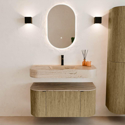 MONDIAZ THOR-DLUX 100cm meuble de salle de bains arrondi gauche + droite couleur Dusk avec 1 tiroir et 2 portes. Vasque suspendue CLOUD Milieu 1 trou de robinet couleur Arena.