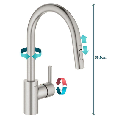 Grohe Feel Keukenkraan - hoog - uittrekbare uitloop - 2 straalsoorten - Brushed Supersteel (RVS)
