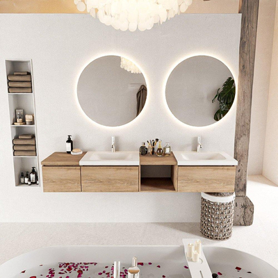 MONDIAZ BUKLA Meuble de salle de bains 200 cm avec module ouvert 40 à droite couleur Washed Oak avec 3 tiroirs. Lavabo CLOUD double 2 trous de robinet couleur Talc.