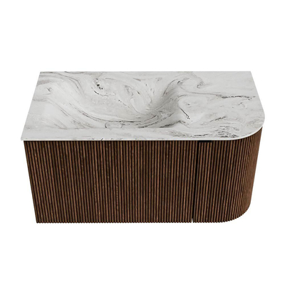 MONDIAZ KURVE-DLUX meuble de salle de bains 85cm avec module 25 R couleur noyer avec 1 tiroir et 1 porte. Vasque CLOUD à gauche 1 trou de robinetterie couleur Glace.