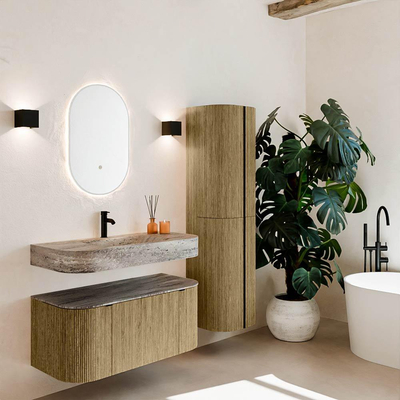 MONDIAZ THOR-DLUX 100cm meuble de salle de bains arrondi gauche + droite couleur Dusk avec 1 tiroir et 2 portes. Vasque suspendue CLOUD Milieu 1 trou de robinet couleur Oza.