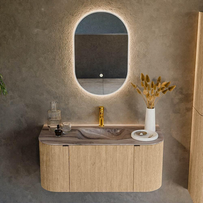 MONDIAZ KURVE-DLUX 100cm badmeubel ronding Links + Rechts kleur Oak met 1 lade en 2 deuren. Wastafel GRUNNE Midden 1 kraangat Sombra.