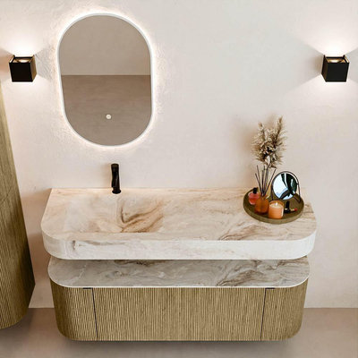 MONDIAZ THOR-DLUX 140cm meuble de salle de bains arrondi gauche + droite couleur Dusk avec 1 tiroir et 2 portes. Vasque suspendue CLOUD Gauche 1 trou de robinet couleur Frappe.