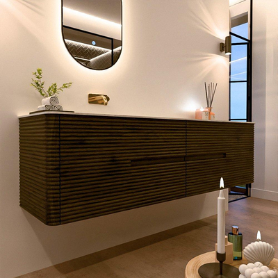 Mondiaz CIRO-DLUX Meuble de salle de bains - 180x45x50cm - Plan-vasque solid surface Opalo - 1 vasque à gauche - sans trous de robinetterie - 4 tiroirs - Shadow