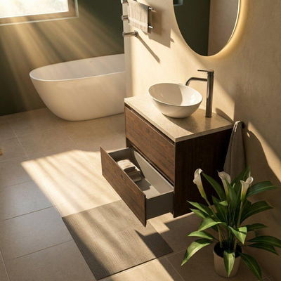 Saniclass Holz Pure Ensemble meuble de salle de bains - 80x45x63cm - Plan de toilette en pierre naturelle travertin - 1 trou de robinet - 2 tiroirs - chêne charcoal mat (bois)