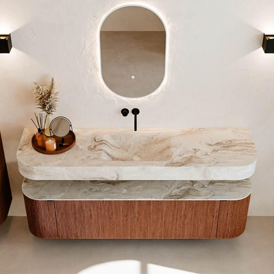 MONDIAZ THOR-DLUX 170cm meuble de salle de bains arrondi gauche + droite couleur Ruby avec 1 tiroir et 2 portes. Vasque suspendue CLOUD Milieu sans trou de robinet couleur Frappe.