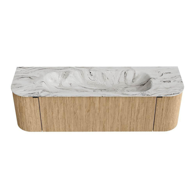 MONDIAZ KURVE-DLUX 150cm badmeubel met module 25 Len R kleur Oak met 1 lade en 2 deuren. Wastafel BIG MEDIUM midden 1 kraangat kleur Glace.