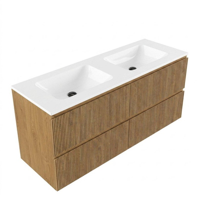Saniclass Holz Atelier Ensemble de meubles de salle de bains - 140x45x77.5cm - lavabo Torino en solid surface blanc - sans trou de robinetterie - 4 tiroirs - chêne natural mat (bois)