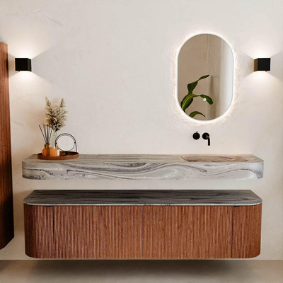 MONDIAZ THOR-DLUX Meuble de salle de bains - 180cm - arrondi gauche + droite - couleur Ruby - 2 tiroirs - 2 portes - Vasque suspendue CLOUD droite sans trou de robinet - couleur Sombra