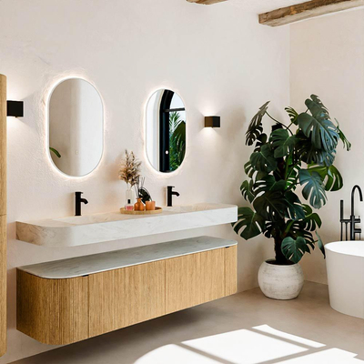 MONDIAZ THOR-DLUX 180cm meuble de salle de bains arrondi gauche + droite couleur Oak avec 2 tiroirs et 2 portes. Vasque suspendue CLOUD Double 2 trous de robinet couleur Opalo.