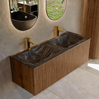 MONDIAZ KURVE-DLUX 120cm Meuble salle de bain - couleur Walnut - 1 tiroir - vasque LEAF double - 2 trous de robinet - couleur Lava