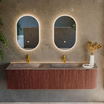 MONDIAZ KURVE-DLUX 175cm badmeubel ronding Rechts kleur Ruby met 2 lades en 1 deur. Wastafel STOR SMALL Dubbel / Links 2 kraangaten Oza.