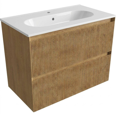 Saniclass Holz Atelier Ensemble meuble de salle de bains - 80x45x73.9cm - lavabo Chaci en céramique blanc - 1 vasque - 1 trou de robinetterie - 2 tiroirs - chêne natural mat (bois)