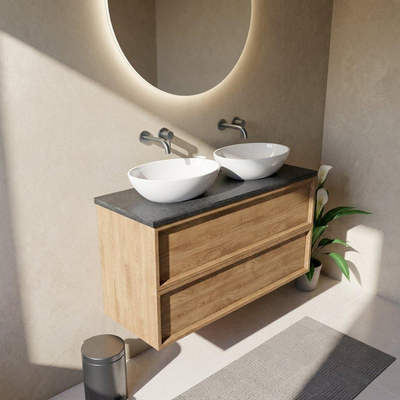 Saniclass Holz Frame Ensemble meuble de salle de bains - 120x45x63cm - Vasque en basalte Noche polie - 1 vasque - sans trou de robinetterie - 2 tiroirs - chêne natural mat (bois)