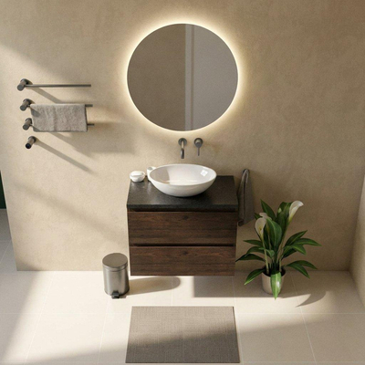 Saniclass Holz Pure Ensemble de meubles de salle de bains - 80x45x63cm - Plan vasque en basalte Noche poli (noir) - sans trou de robinetterie - 2 tiroirs - chêne charcoal mat (bois)