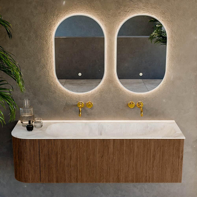 MONDIAZ KURVE-DLUX 145cm Meuble salle de bain avec module 25 G - couleur Walnut - 1 tiroir - 1 porte - vasque BIG LARGE droite - sans trou de robinet - couleur Frappe