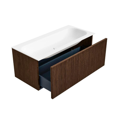 MONDIAZ KURVE Meuble de salle de bains 100 cm couleur Walnut avec 1 tiroir. Lavabo BIG MEDIUM centré sans trou de robinet Talc.