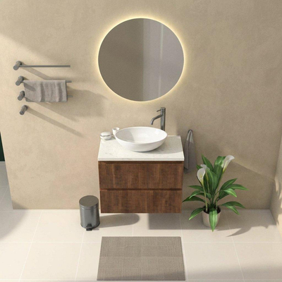 Saniclass Holz Atelier Ensemble de meubles de salle de bains - 80x45x63cm - Plan vasque en marbre Dia poli (blanc) - 1 trou de robinetterie - 2 tiroirs - walnut pure mat (bois)