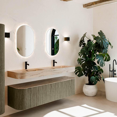 MONDIAZ THOR-DLUX 170cm meuble de salle de bains arrondi gauche + droite couleur Shadow avec 1 tiroir et 2 portes. Vasque suspendue CLOUD Double 2 trous de robinet couleur Arena.