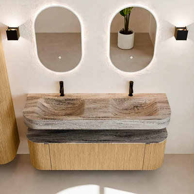 MONDIAZ THOR-DLUX 150cm badmeubel ronding links + rechts kleur Oak met 1 lade en 2 deuren. Vrijhangende wastafel CLOUD Dubbel 2 kraangaten kleur Oza.