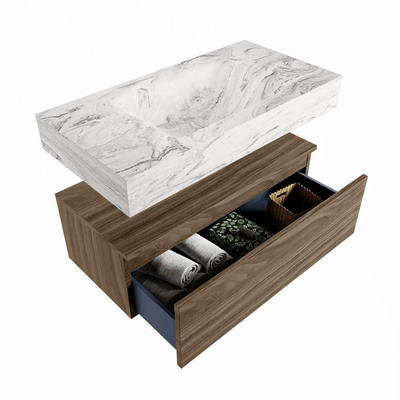 Mondiaz ALAN-DLUX Ensemble meuble de salle de bains - 90cm - 1 tiroir - lavabo suspendu CLOUD - Glace - central - sans trou de robinet - Mocha