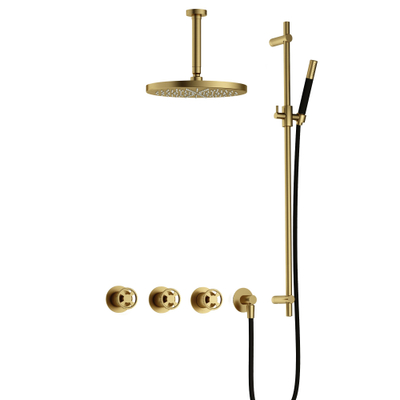 Hotbath Cobber @Work Regendoucheset - inbouw - 15cm plafondarm - 30cm ronde hoofddouche - staafhanddouche - glijstang - Geborsteld messing PVD