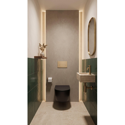 QeramiQ Dely Pack WC - 36.3x51.7cm - à fond creux - sans bride - réservoir encastré Geberit UP720 - abattant WC softclose 35 mm - plaque de commande en cuivre - boutons ronds - noir mat